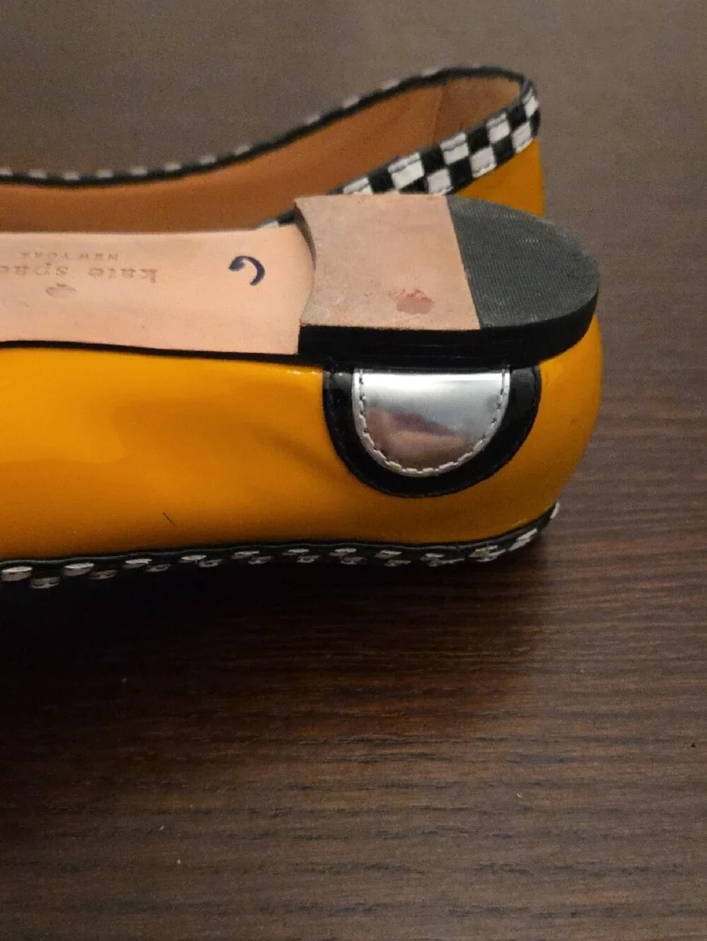 kate spade Yellow & White 'TAXI' Pointed Toe Flats with Check Trim